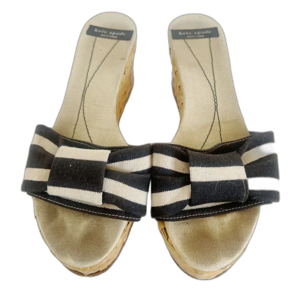 Kate Spade Women's Woven Platform Sandal Black White Striped Bow Size 6